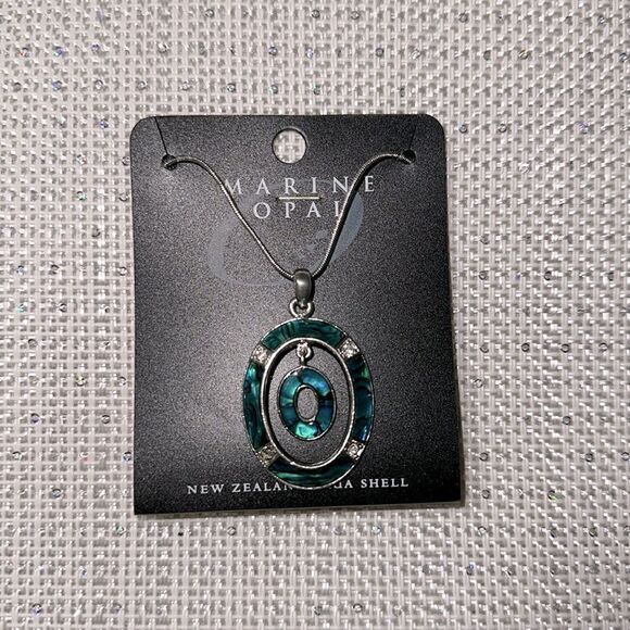 hallifax Marine Opal Silver Teal Blue Green New Zealand Paua Shell Necklace - Picture 2 of 5